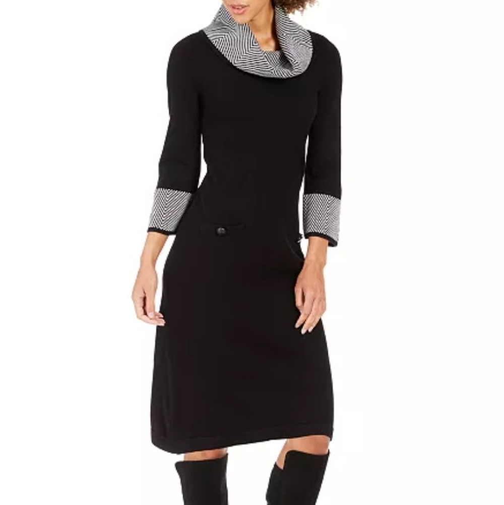 Jessica Howard Black Gray Retro Cowlneck Striped Sweater Dress